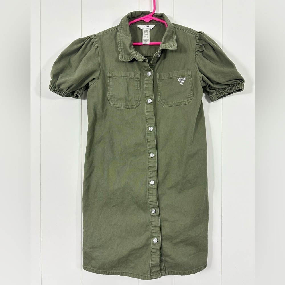 GUESS Kids Green Button Front Dress Rhinestone Logo Girls Sz M 10-12 Short Sleev